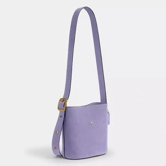 Coach Bleecker Bucket Bag 21 & Pouch in Brass/Violet Mist Purple Suede NWT